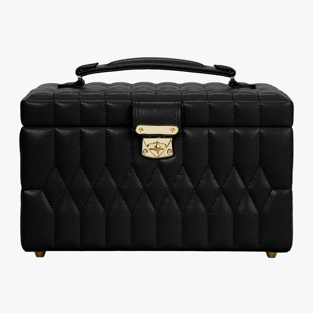 WOLF Lauren large jewellery box in black leather with LusterLoc™ lining, removable travel case and refined jewellery storage. Discover at Orsini.