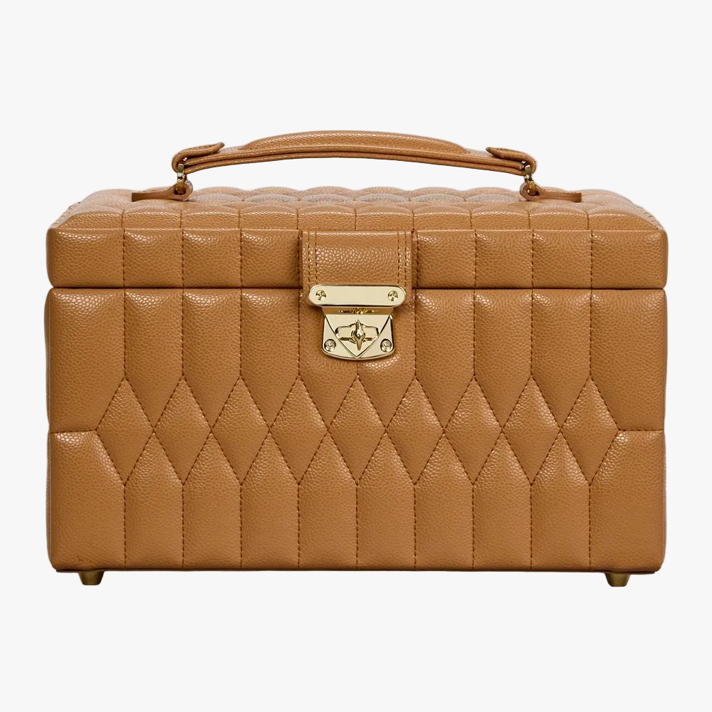 WOLF Lauren medium jewellery box in caramel leather with travel case and LusterLoc™ lining.