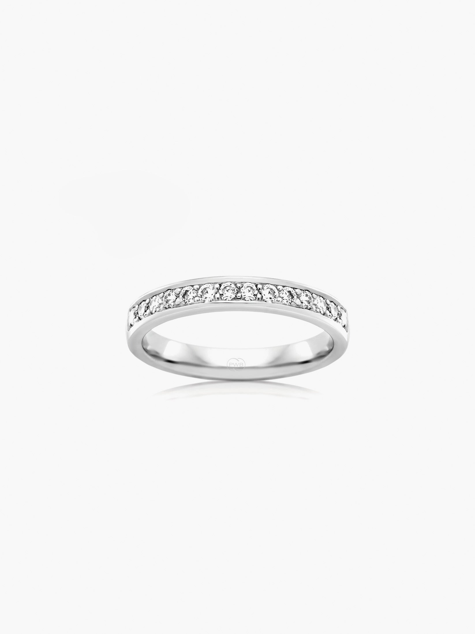 This white gold bead set diamond wedding ring features a refined row of brilliant cut diamonds set across a slender band.