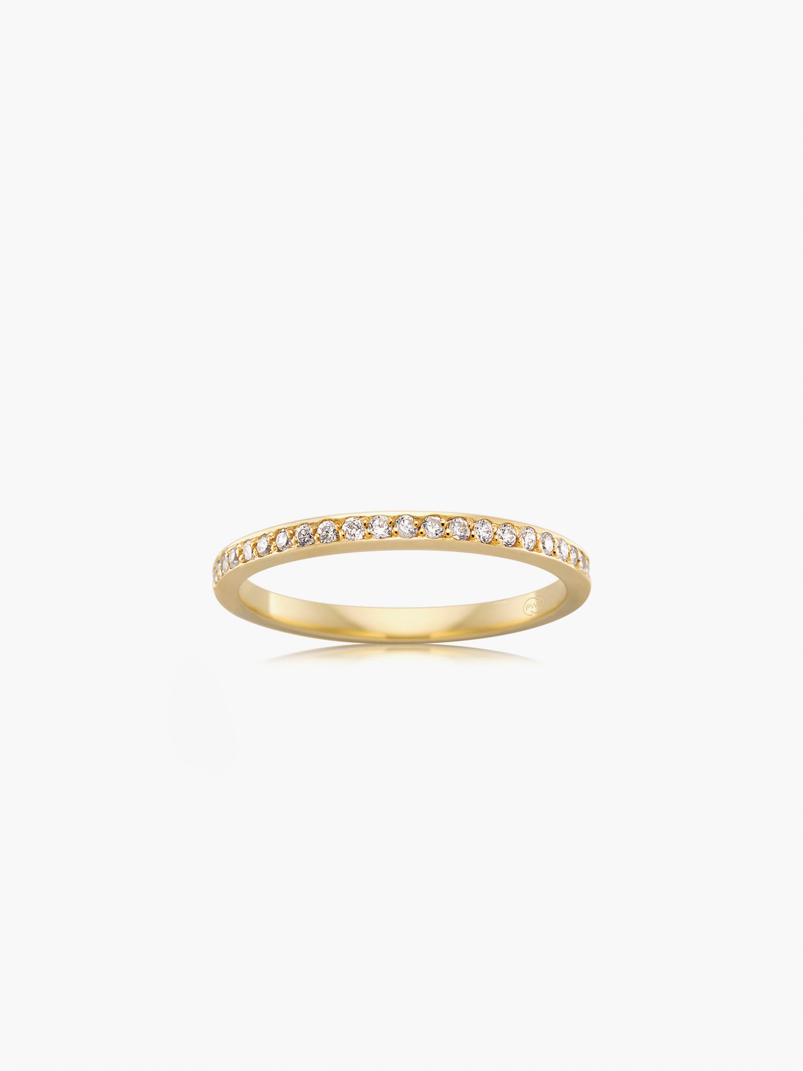This yellow gold delicate bead set diamond wedding ring features a slender band adorned with brilliant cut diamonds for refined sparkle.