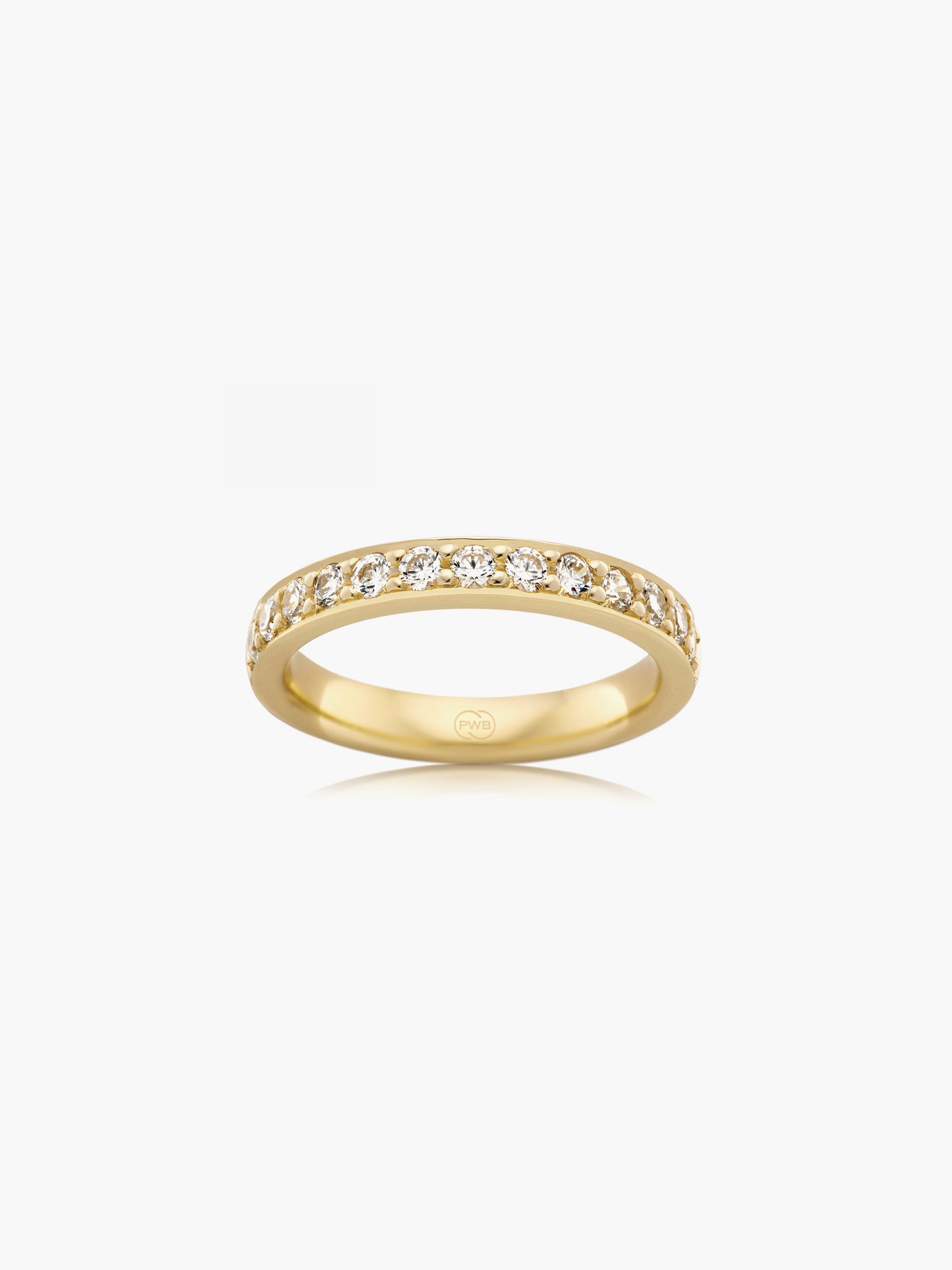 This yellow gold slim bead set diamond wedding ring features a delicate band set with brilliant cut diamonds for refined sparkle.