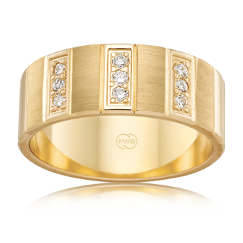 Yellow Gold wide mens wedding band with 9 diamonds