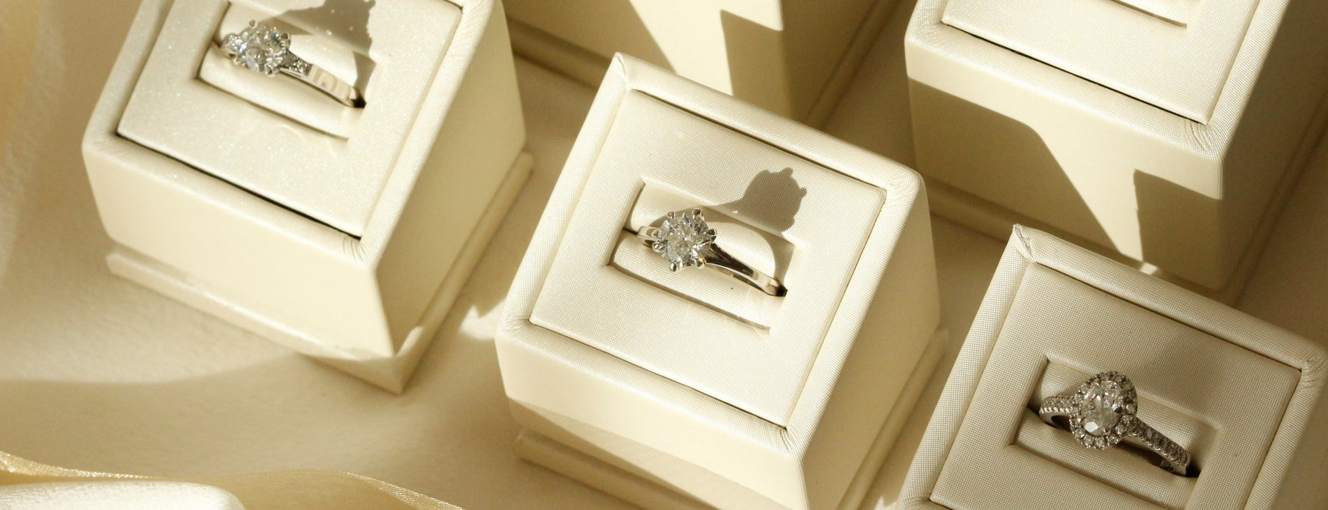 Engagement rings standing in ring stands cropped as a banner image for Orsini Fine Jewellery Halo engagement ring landing page 