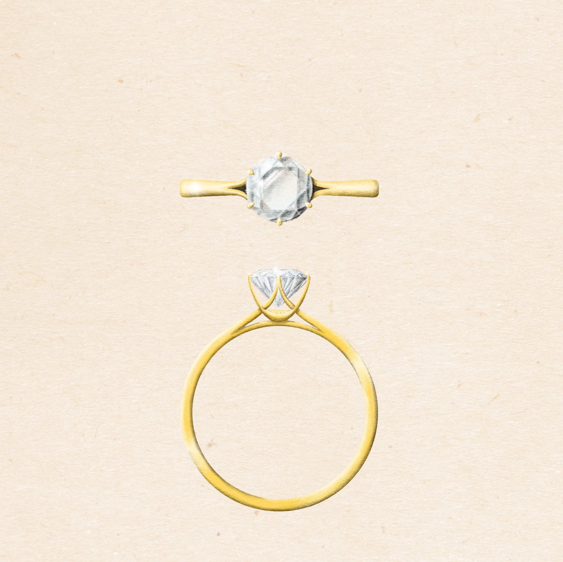Engagement ring illustration of classic ring design solitaire diamond set in 18k yellow gold 