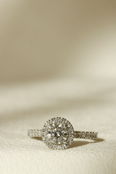 Round diamond engagement ring with diamonds on band and diamond halo Le Fenice Round setting vertical image sized for mobile 