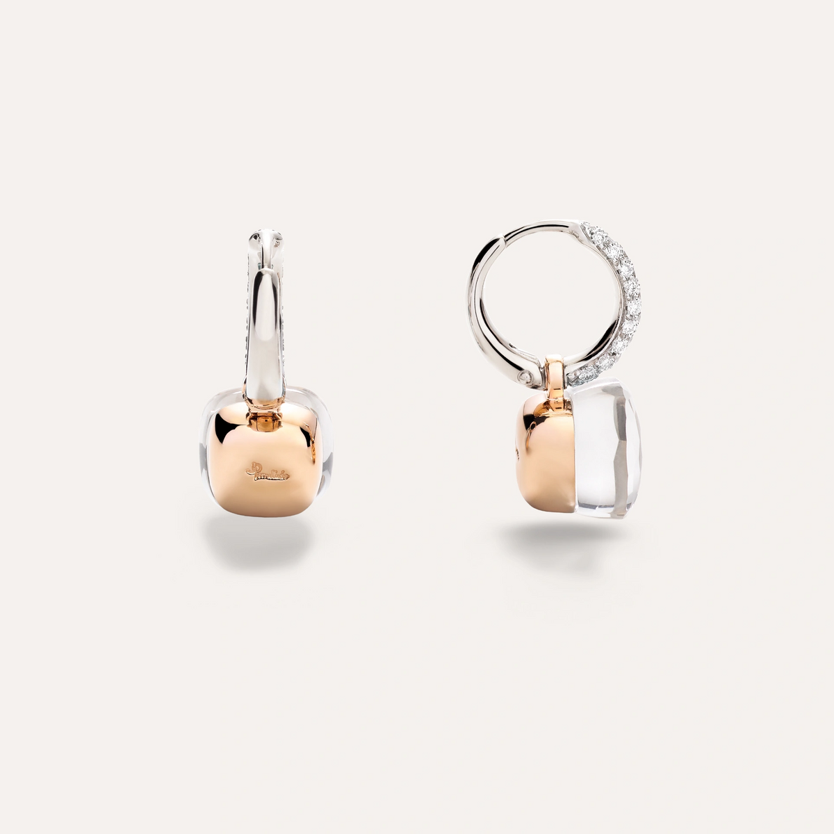rose and white gold drop earrings from the pomellato  nudo collection featuring white topaz and diamond