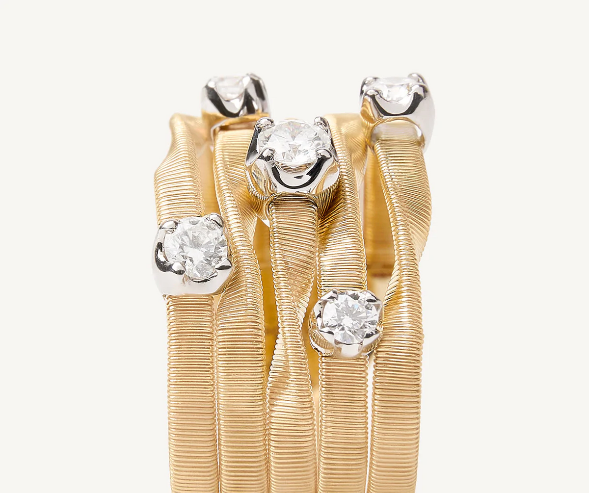 Yellow gold and diamonds five strand ring profile hand made in Italy 