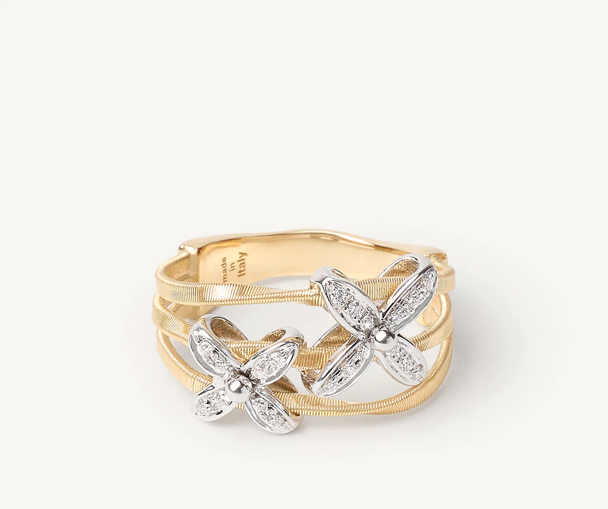 Diamond flowers and three strand yellow gold ring by Marco Bicego 