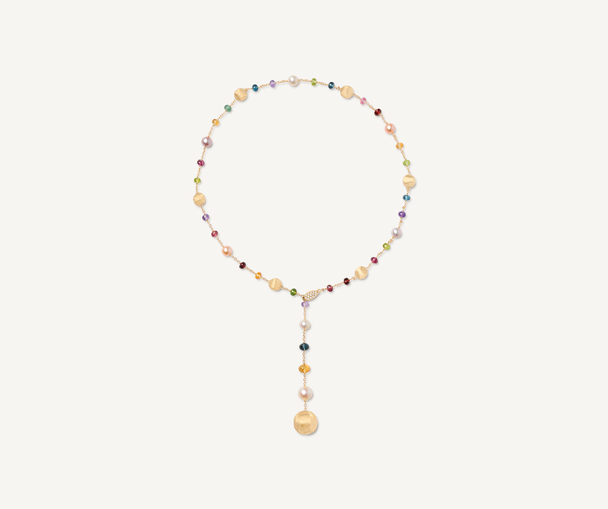 Mixed gemstones with 18k yellow gold and diamonds Africa necklace lariat design by Marco Bicego