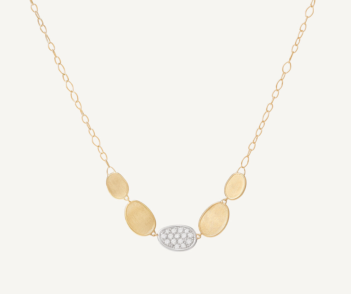 18k yellow gold and diamonds set in 18k white gold min Lunaria necklace designed by Marco Bicego