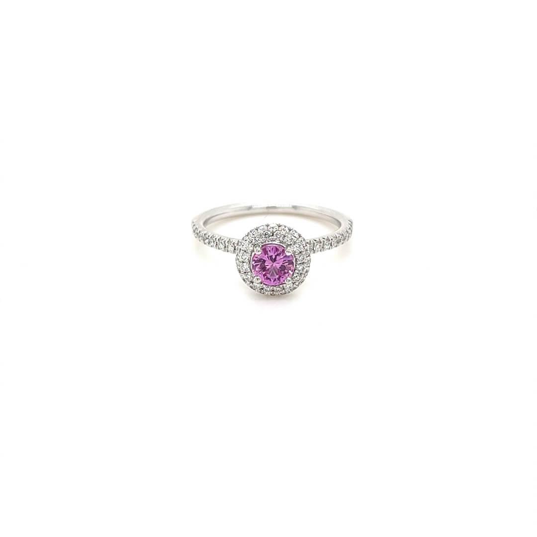 Pink sapphire and diamond Hulchi Belluni ring image taken in lightbox 