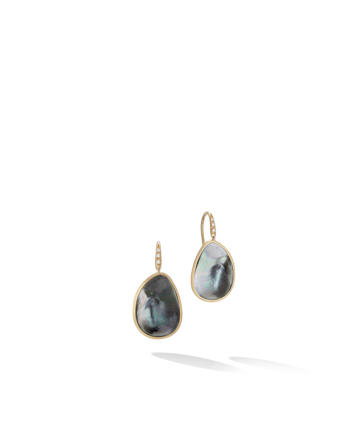 Lunaria Earrings in 18k Yellow Gold, Grey Mother of Pearl and Diamond Studded French Hooks - Orsini Jewellers NZ