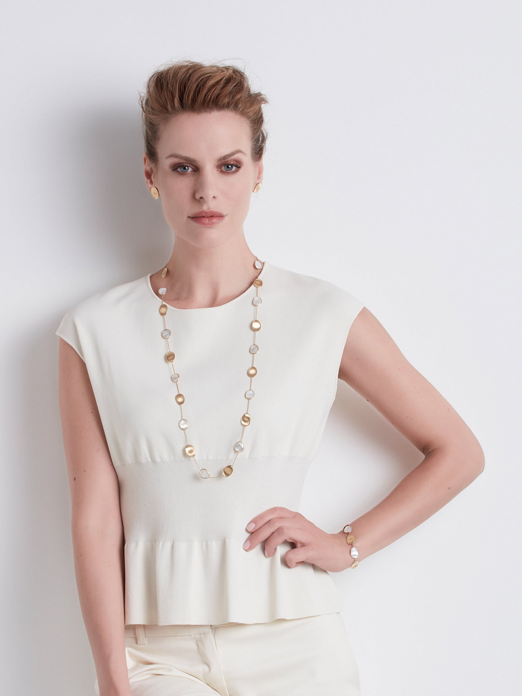 Lunaria Necklace in 18k Yellow Gold with White Mother of Pearl Long Irregular - Orsini Jewellers NZ