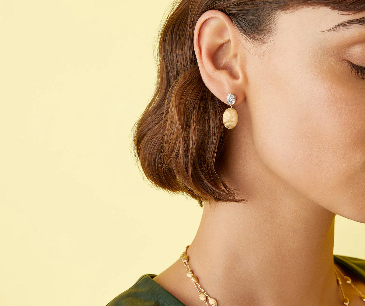 Diamond and yellow gold drop earrings Siviglia collection handmade in Italy by Marco Bicego pictures worn on model 