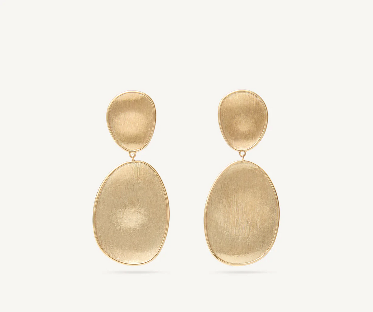 Marco Bicego Lunaria drop earrings in 18k yellow gold on white background 