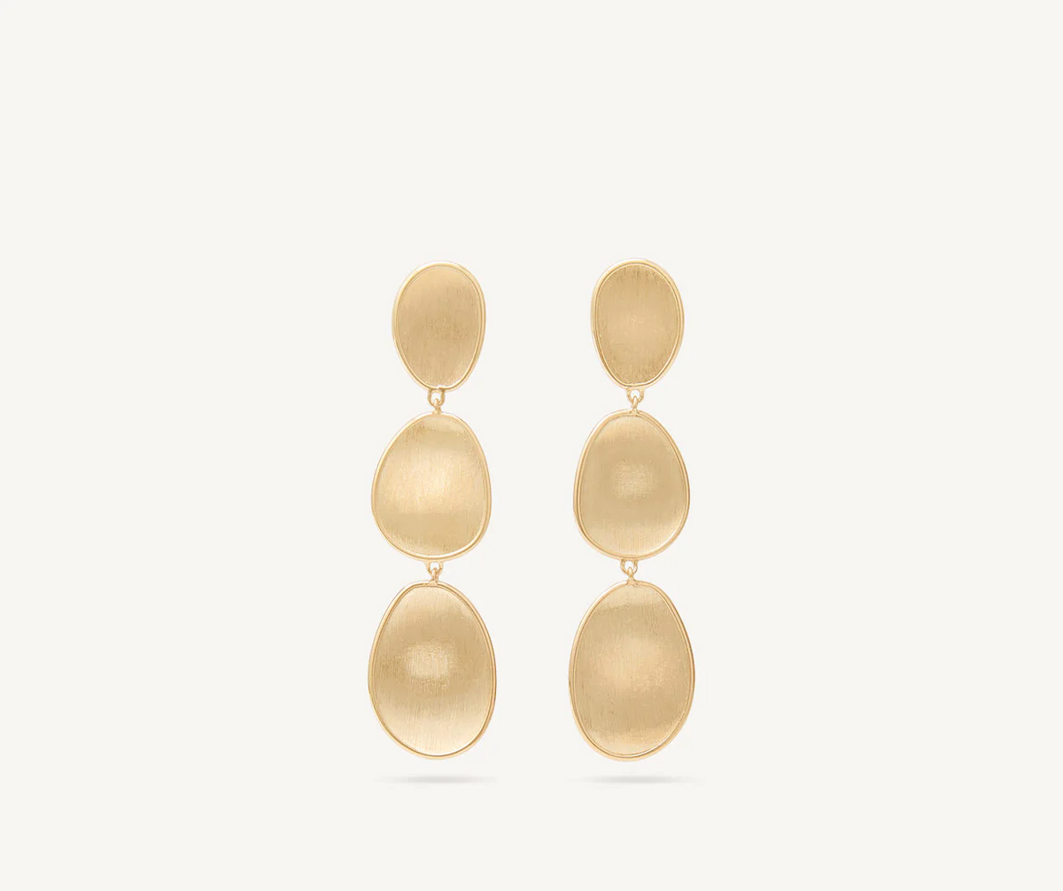 Marco Bicego Lunaria three drop earrings in yellow gold on white background 