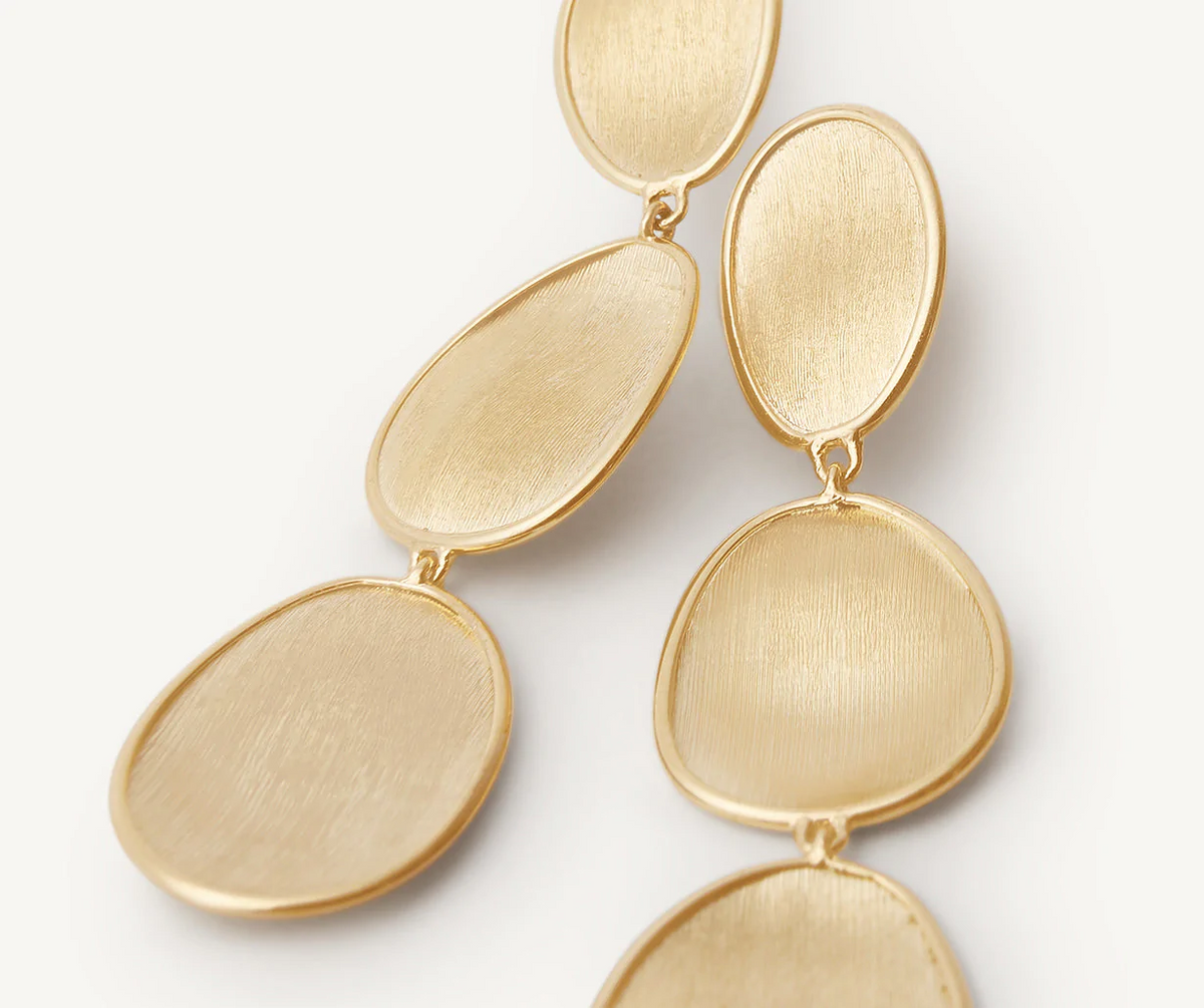 Close up of Marco Bicego Lunaria drop earrings in yellow gold 
