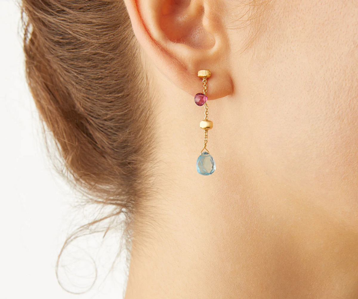 Blue topaz and pink tourmaline drop earrings Paradise collection by Marco Bicego worn 