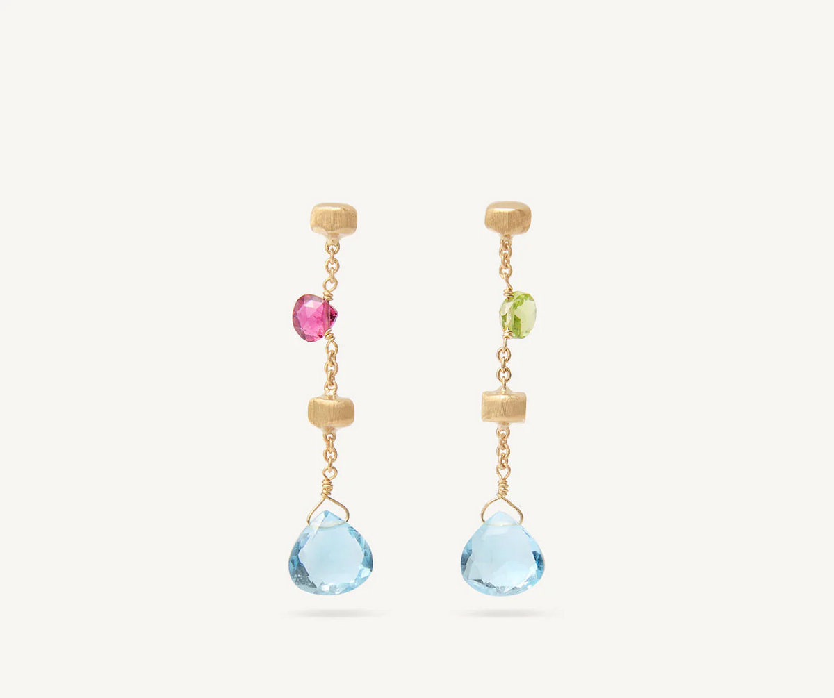 Blue topaz paradot and tourmaline drop earrings set in gold Paradise collection by Marco Bicego 