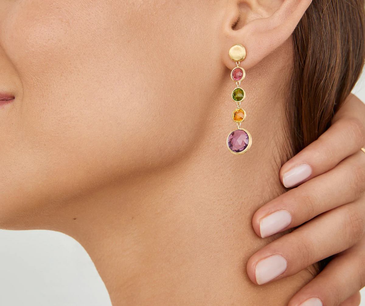 Marco Bicego Jaipur Drop earring worn with mixed gemstones