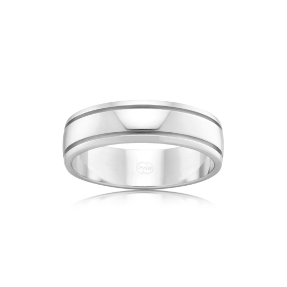 Barrel shaped wedding band with smooth finish &amp; 2 grooves on the edges - Orsini Jewellers